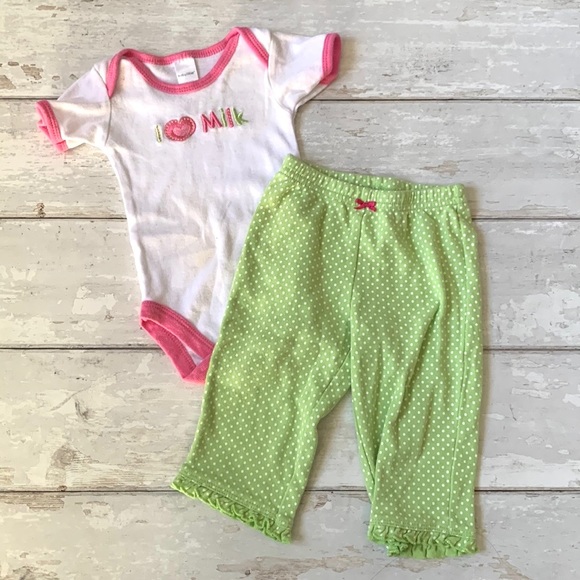 Baby Girl 3-6m Outfit Onesie Bodysuit & Green Polka Dot Print Pants Baby 3m 6m - Picture 1 of 4
